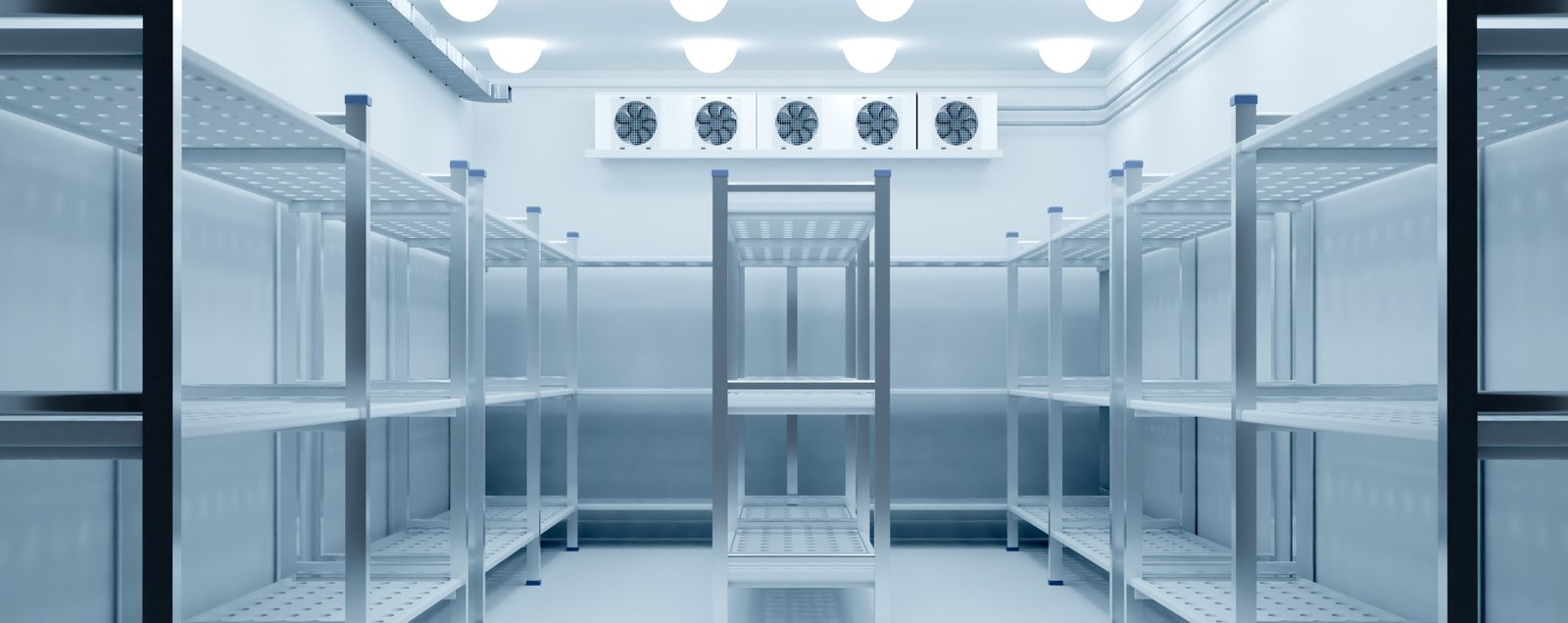 An empty walk in cold room with steel shelving and evaporator fans