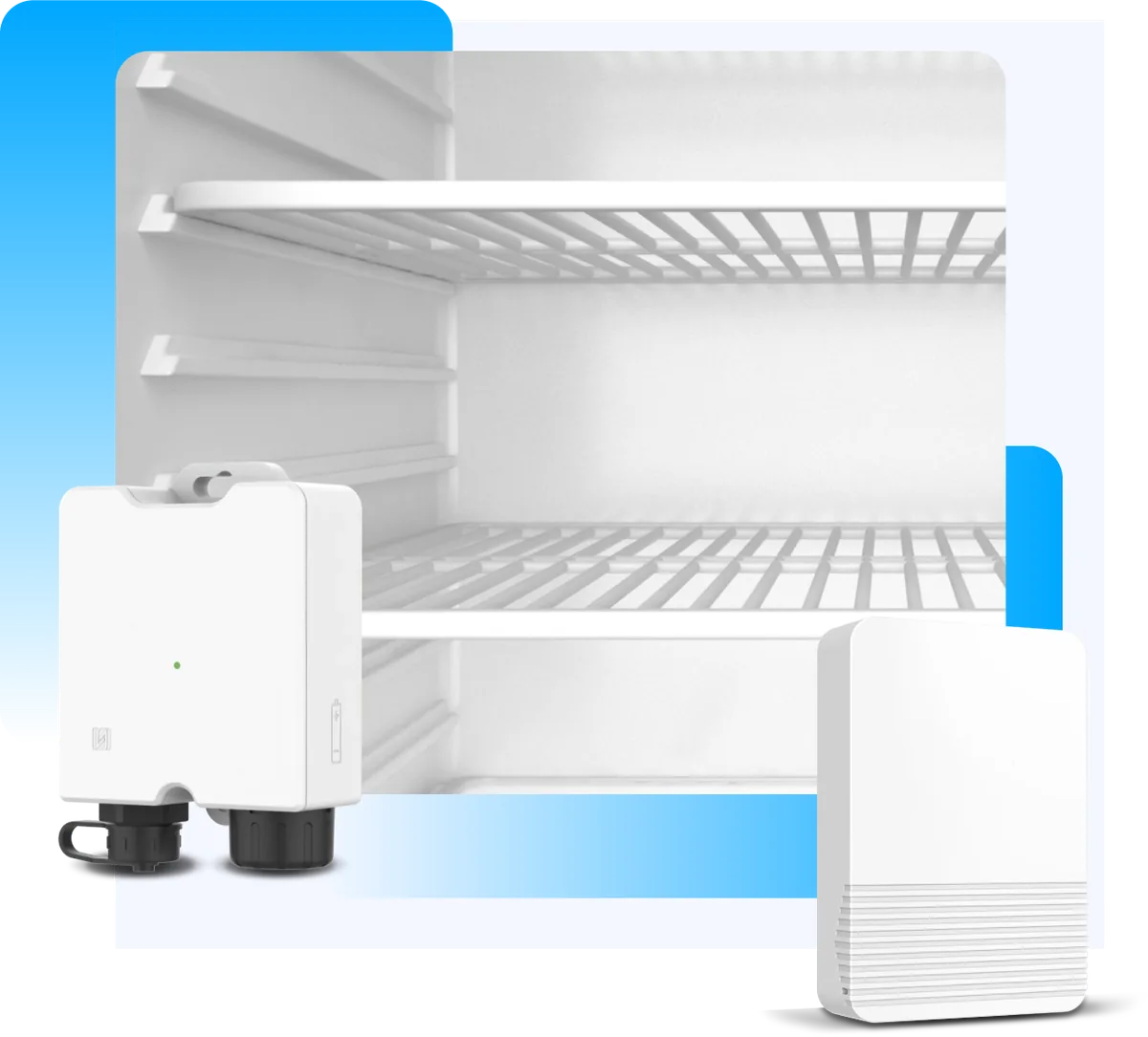 The ColdAssure wireless sensor with stainless probes and its gateway beside a fridge interior